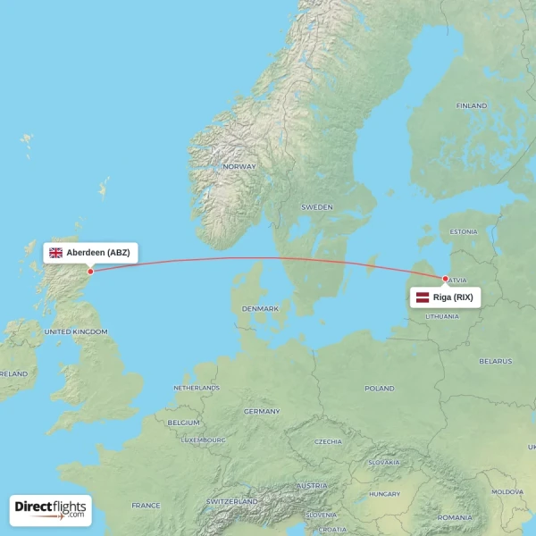 Riga - Aberdeen direct flight map