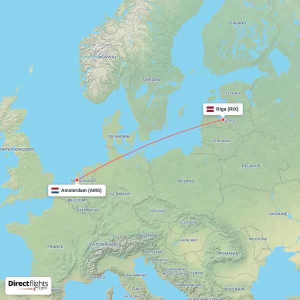 Riga - Amsterdam direct flight map