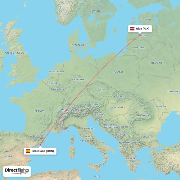 Riga - Barcelona direct flight map
