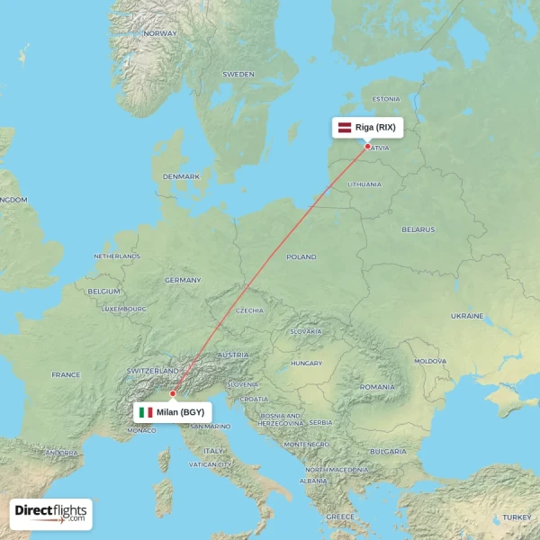 Riga - Milan direct flight map