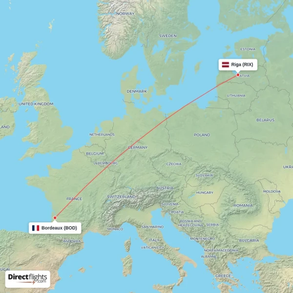 Riga - Bordeaux direct flight map
