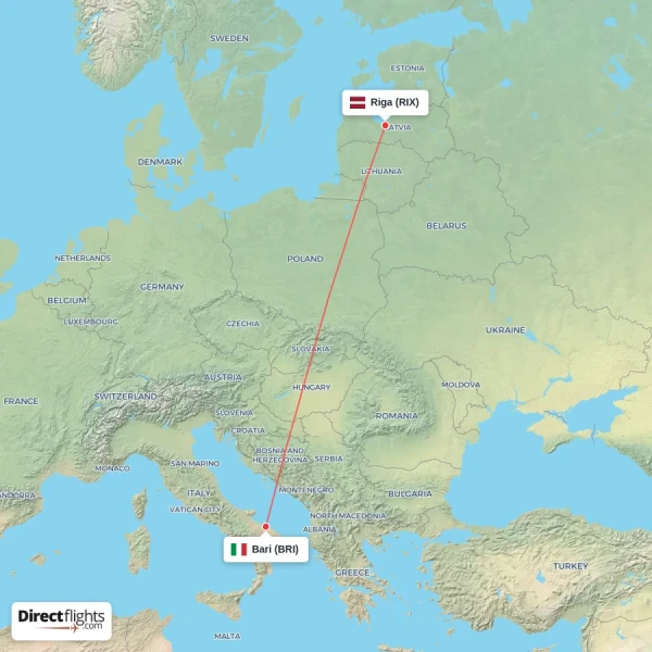 Riga - Bari direct flight map