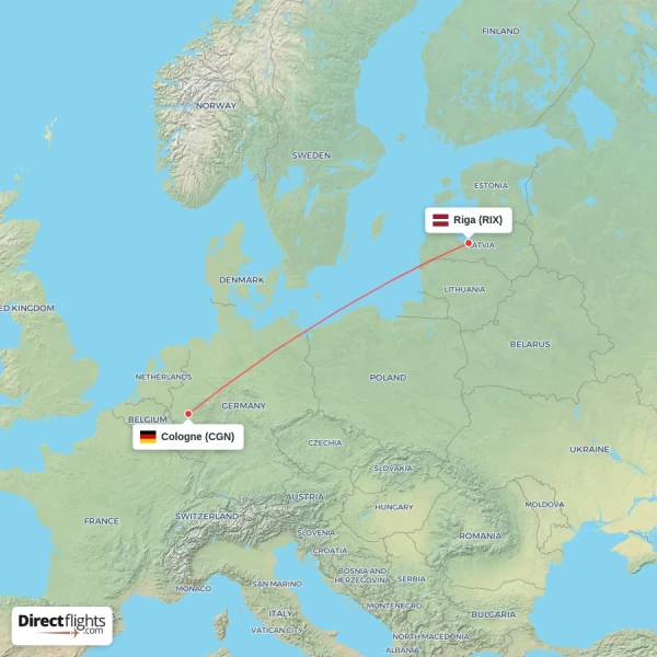 Riga - Cologne direct flight map