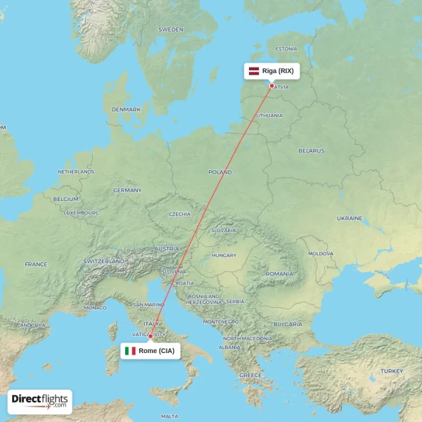 Riga - Rome direct flight map