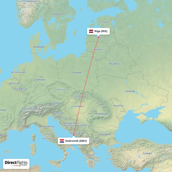Riga - Dubrovnik direct flight map