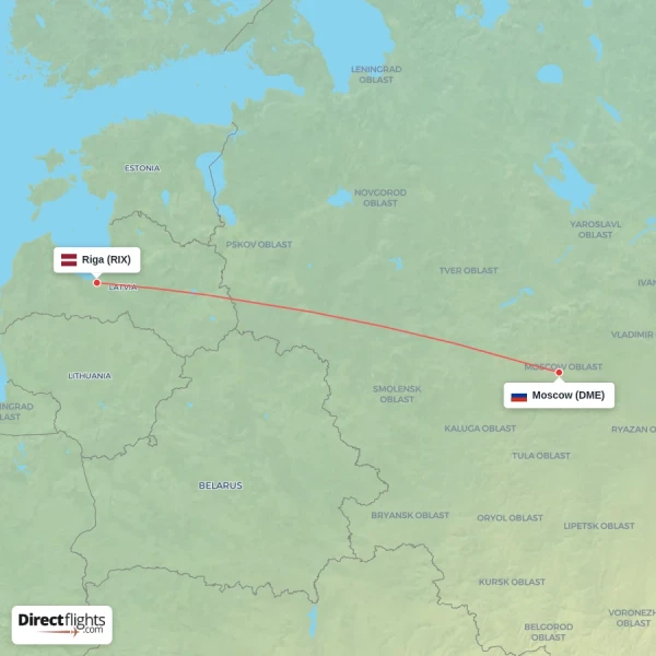 Riga - Moscow direct flight map