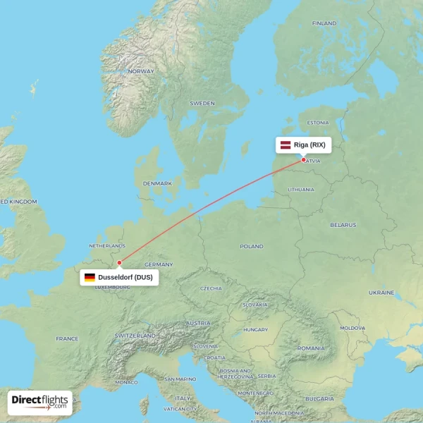 Riga - Dusseldorf direct flight map