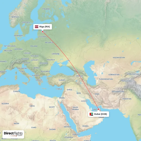 Riga - Dubai direct flight map