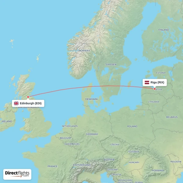 Riga - Edinburgh direct flight map