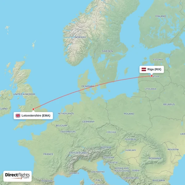 Riga - Leicestershire direct flight map