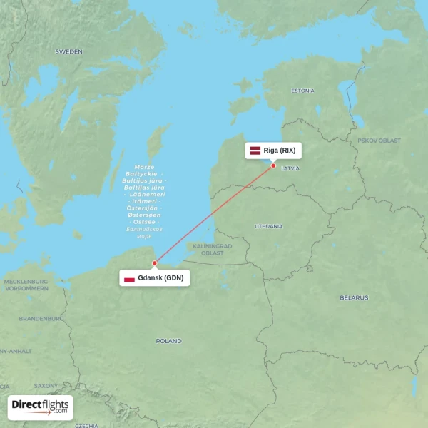 Riga - Gdansk direct flight map
