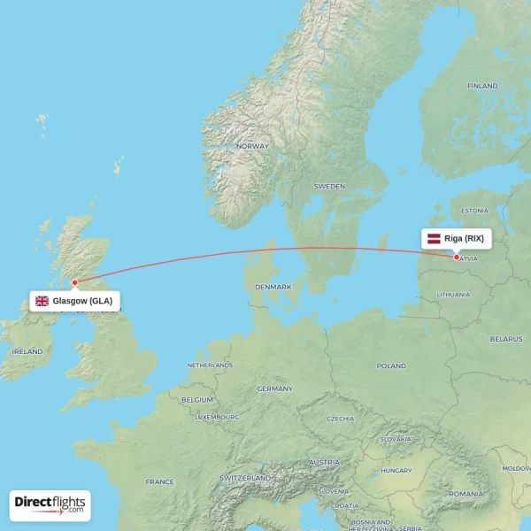 Riga - Glasgow direct flight map
