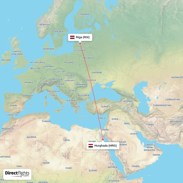 Riga - Hurghada direct flight map
