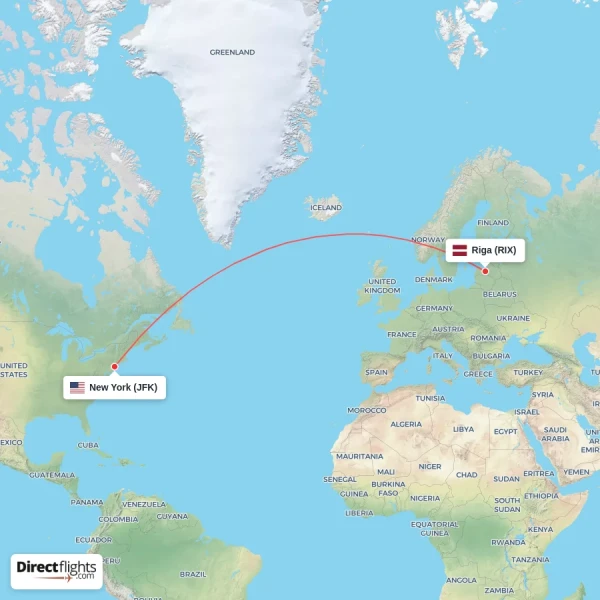 Riga - New York direct flight map
