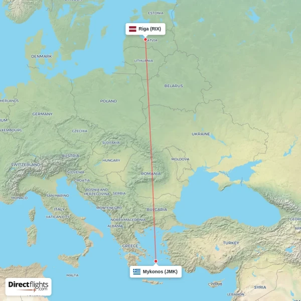 Riga - Mykonos direct flight map