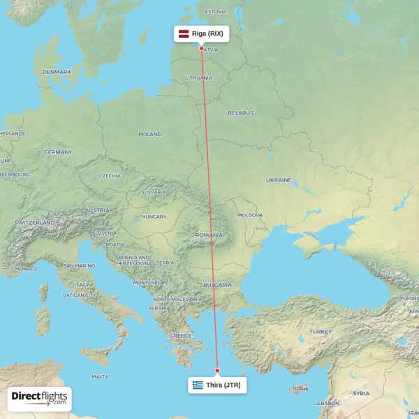 Riga - Thira direct flight map