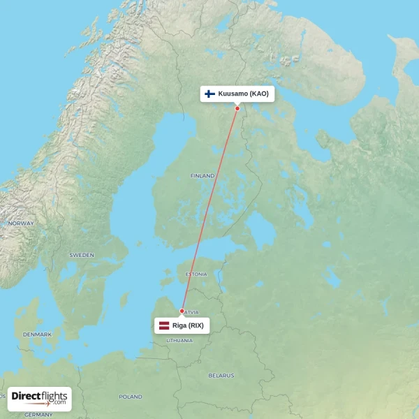 Riga - Kuusamo direct flight map