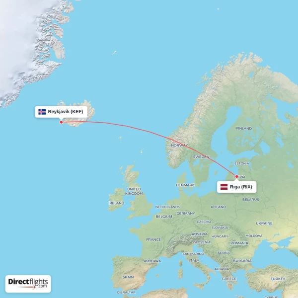 Riga - Reykjavik direct flight map