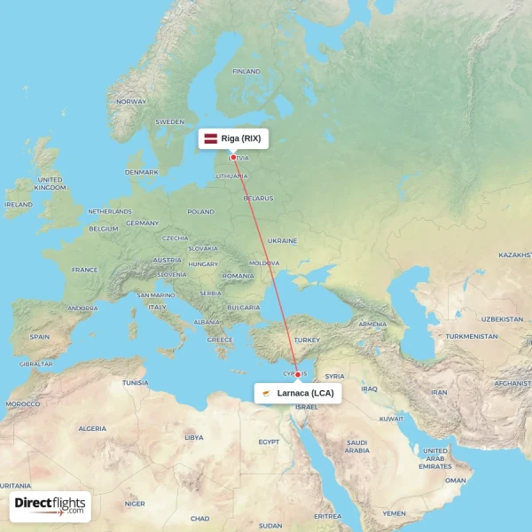 Riga - Larnaca direct flight map