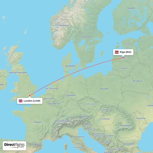 Riga - London direct flight map