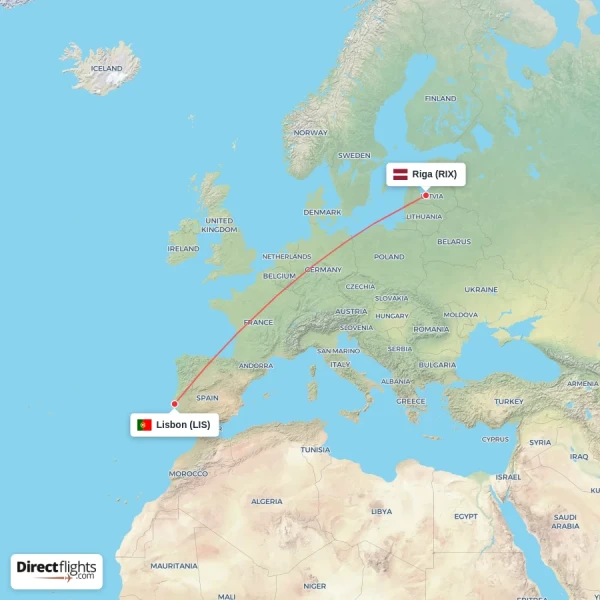 Riga - Lisbon direct flight map