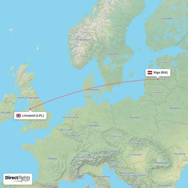 Riga - Liverpool direct flight map
