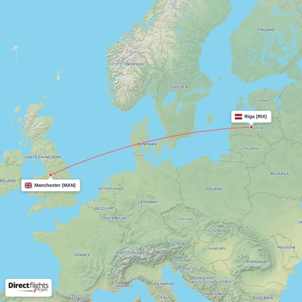 Riga - Manchester direct flight map