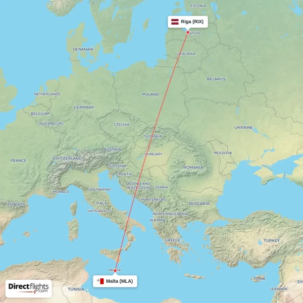 Riga - Malta direct flight map