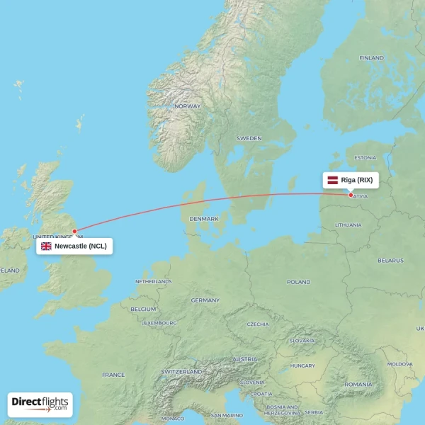 Riga - Newcastle direct flight map