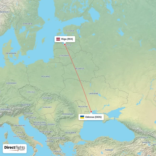 Riga - Odessa direct flight map