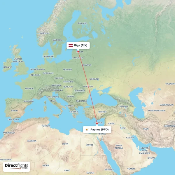 Riga - Paphos direct flight map