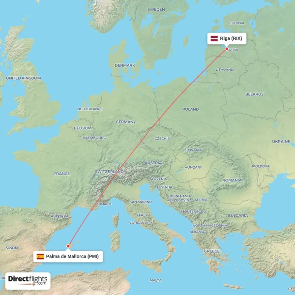 Riga - Palma de Mallorca direct flight map