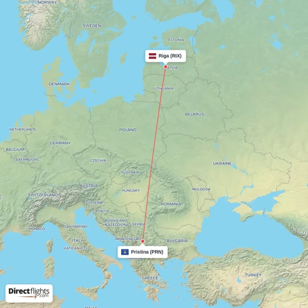 Riga - Pristina direct flight map