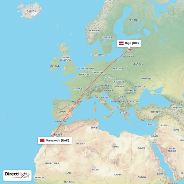 Riga - Marrakech direct flight map