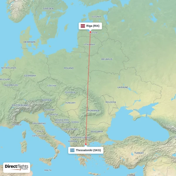 Riga - Thessaloniki direct flight map