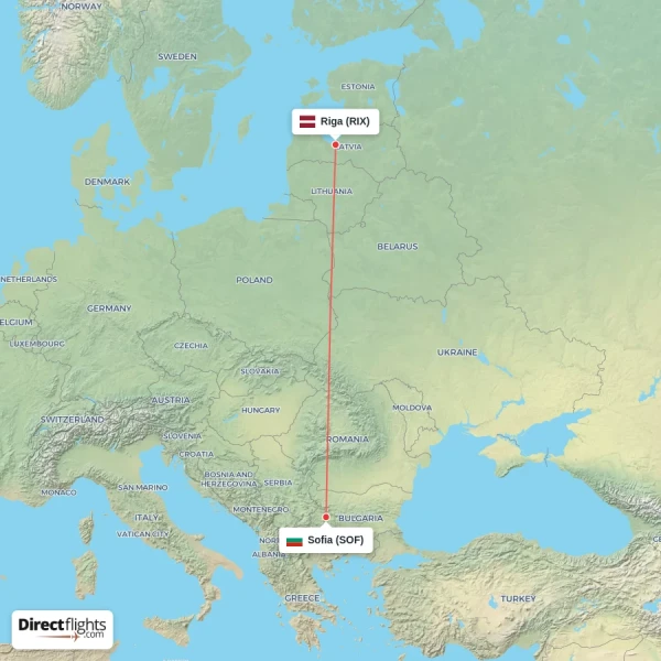 Riga - Sofia direct flight map