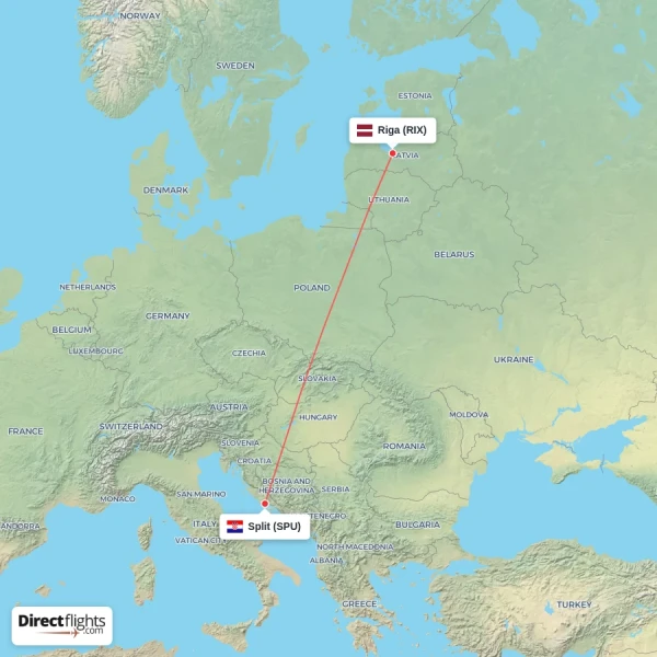 Riga - Split direct flight map