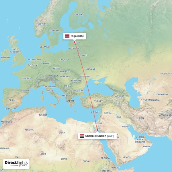 Riga - Sharm el Sheikh direct flight map