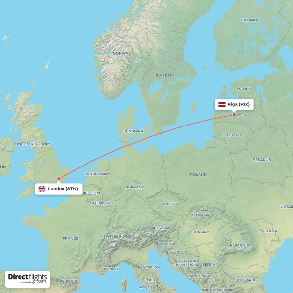 Riga - London direct flight map
