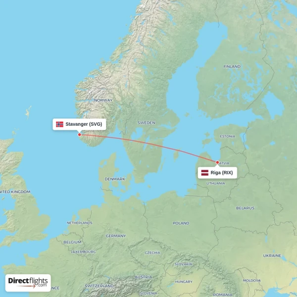 Riga - Stavanger direct flight map
