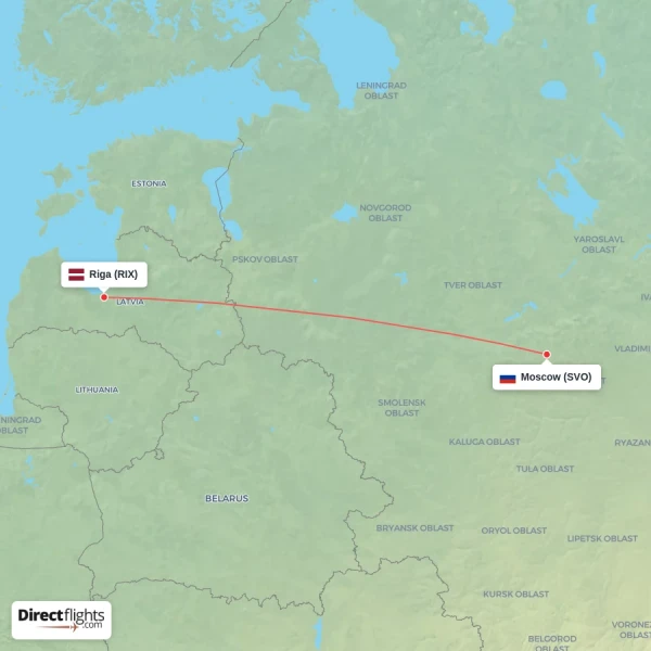 Riga - Moscow direct flight map