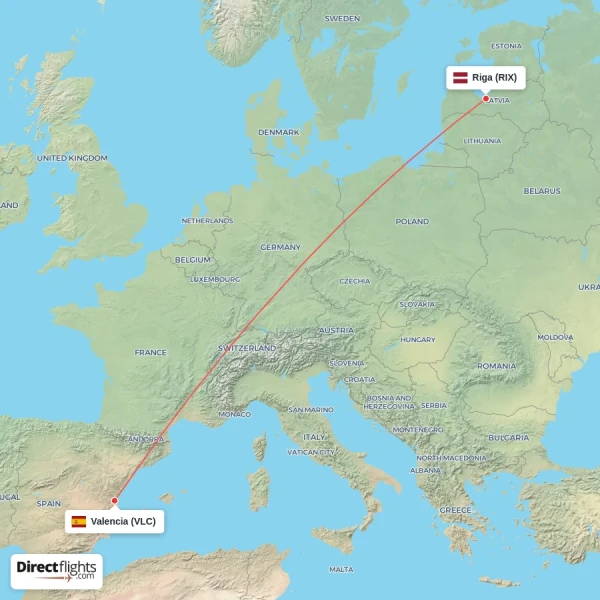 Riga - Valencia direct flight map