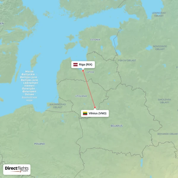 Riga - Vilnius direct flight map