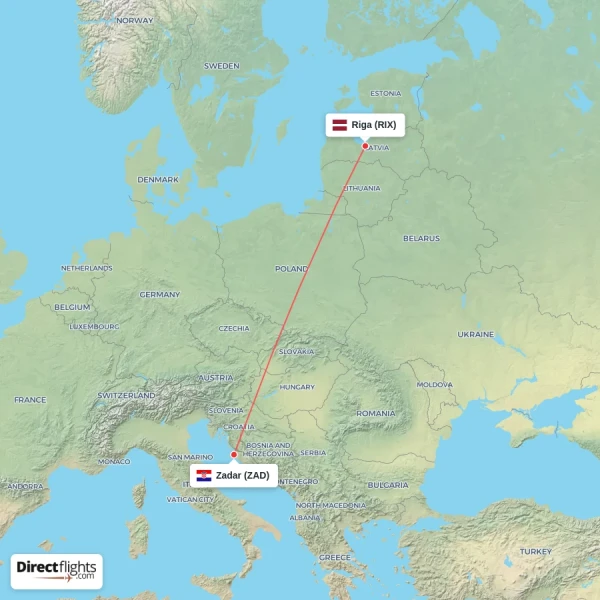 Riga - Zadar direct flight map