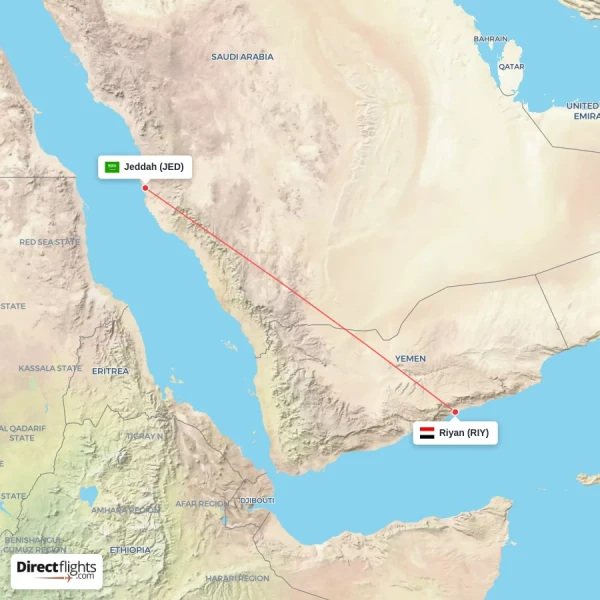 Riyan - Jeddah direct flight map