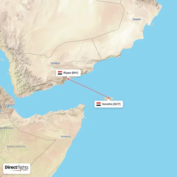 Riyan - Socotra direct flight map