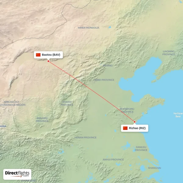 Rizhao - Baotou direct flight map