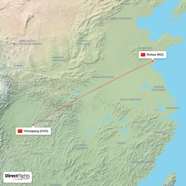 Rizhao - Chongqing direct flight map