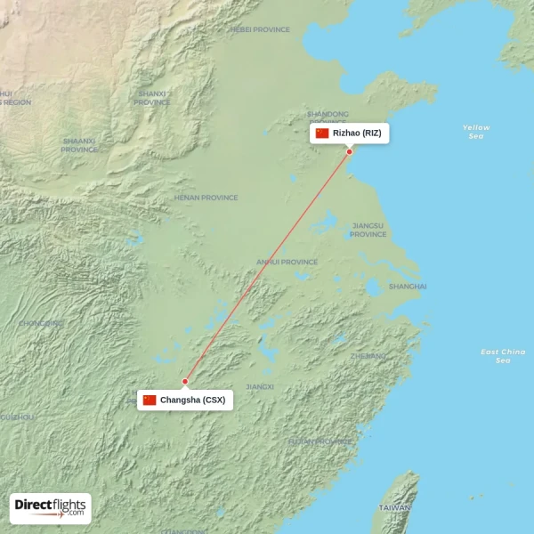Rizhao - Changsha direct flight map