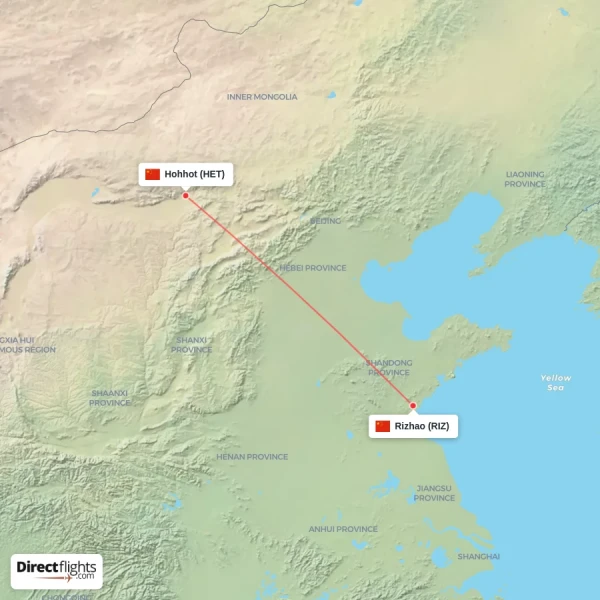 Rizhao - Hohhot direct flight map